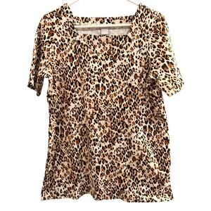 Chico's Top Womens Sz M Medium 8 Leopard Print Square Neck Blouse Side Pockets